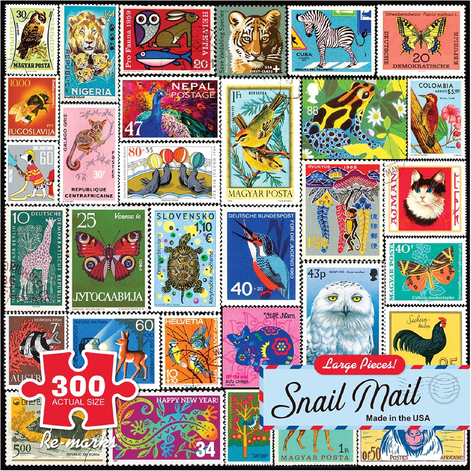 Re-marks Snail Mail Postage-Stamp Collage Puzzle, 300-Piece Jigsaw Puzzle for All Ages