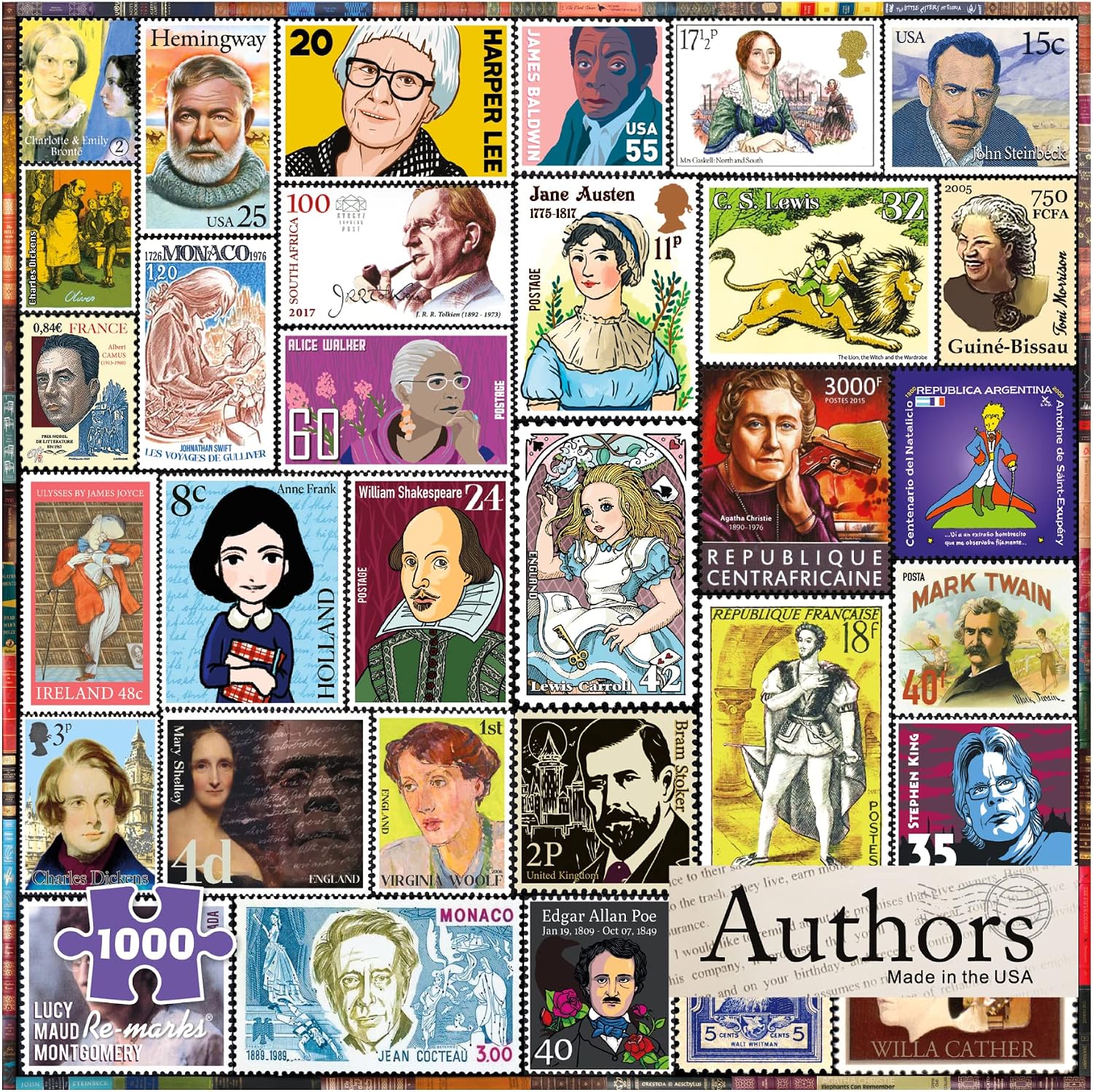 Re-marks Famous Authors Postage-Stamp Collage Puzzle, 1000 Piece Jigsaw Puzzle for All Ages