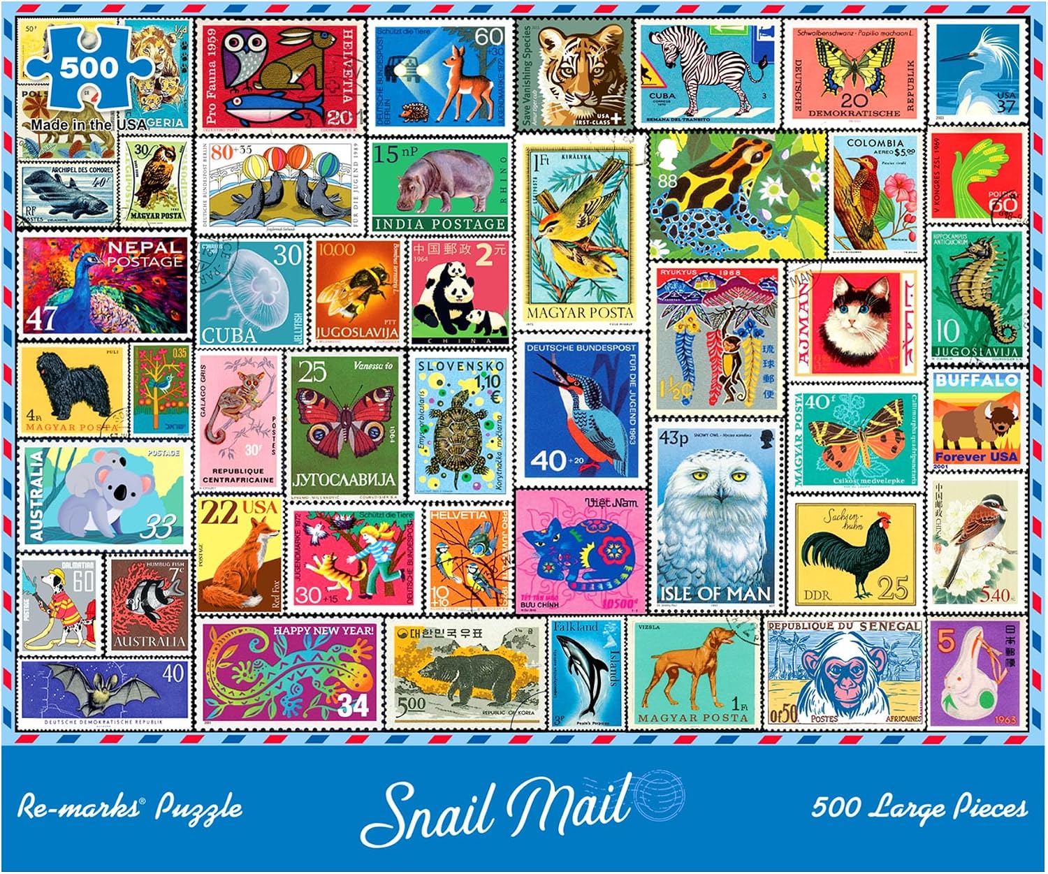 Re-marks Snail Mail Stamp Collage Jigsaw Puzzle, 500 Large Piece Jigsaw Puzzle for All Ages