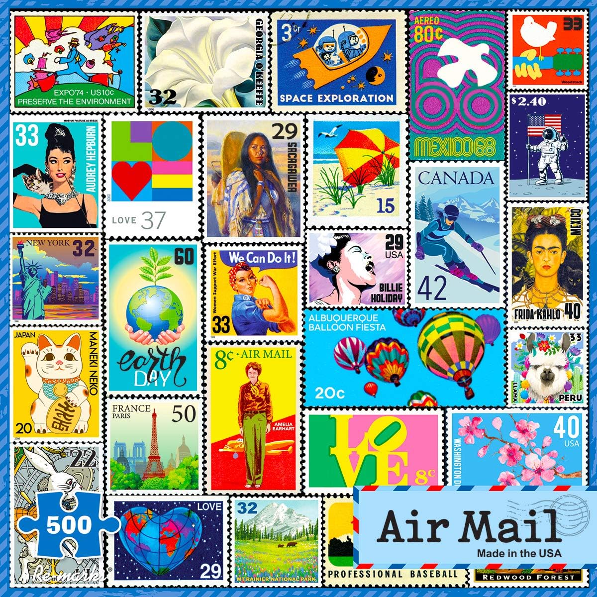 Re-marks Air Mail Postage-Stamp Collage Puzzle, 500-Piece Puzzle for All Ages