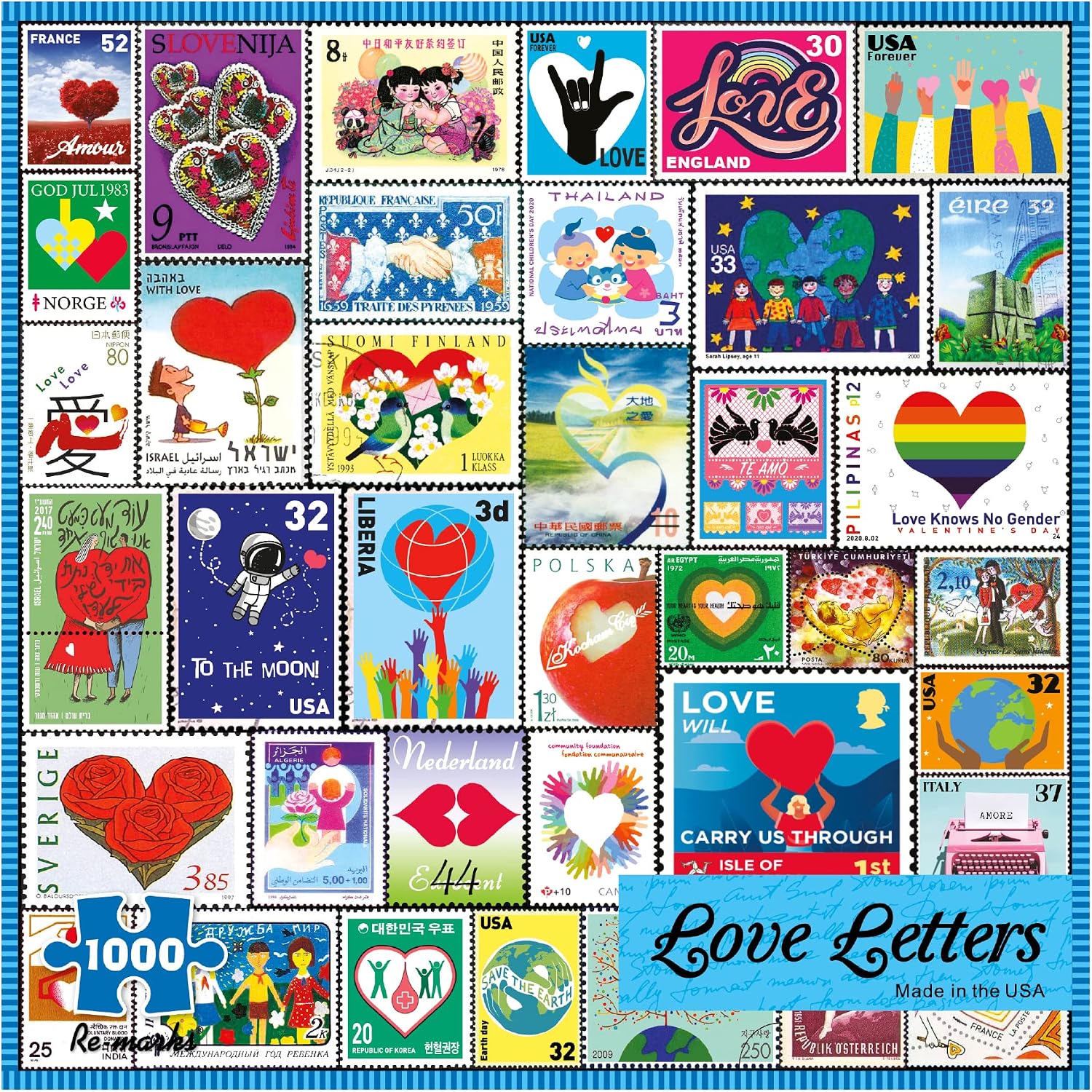 Re-marks Love Letters Stamps Collage Puzzle, 1000 Piece Puzzle for All Ages