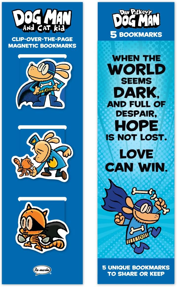 Re-marks Dog Man and Cat Kid Collection - 1 Set of 3 Magnetic Page Clips and 1 Set of 5 Multi-Pack Bookmarks