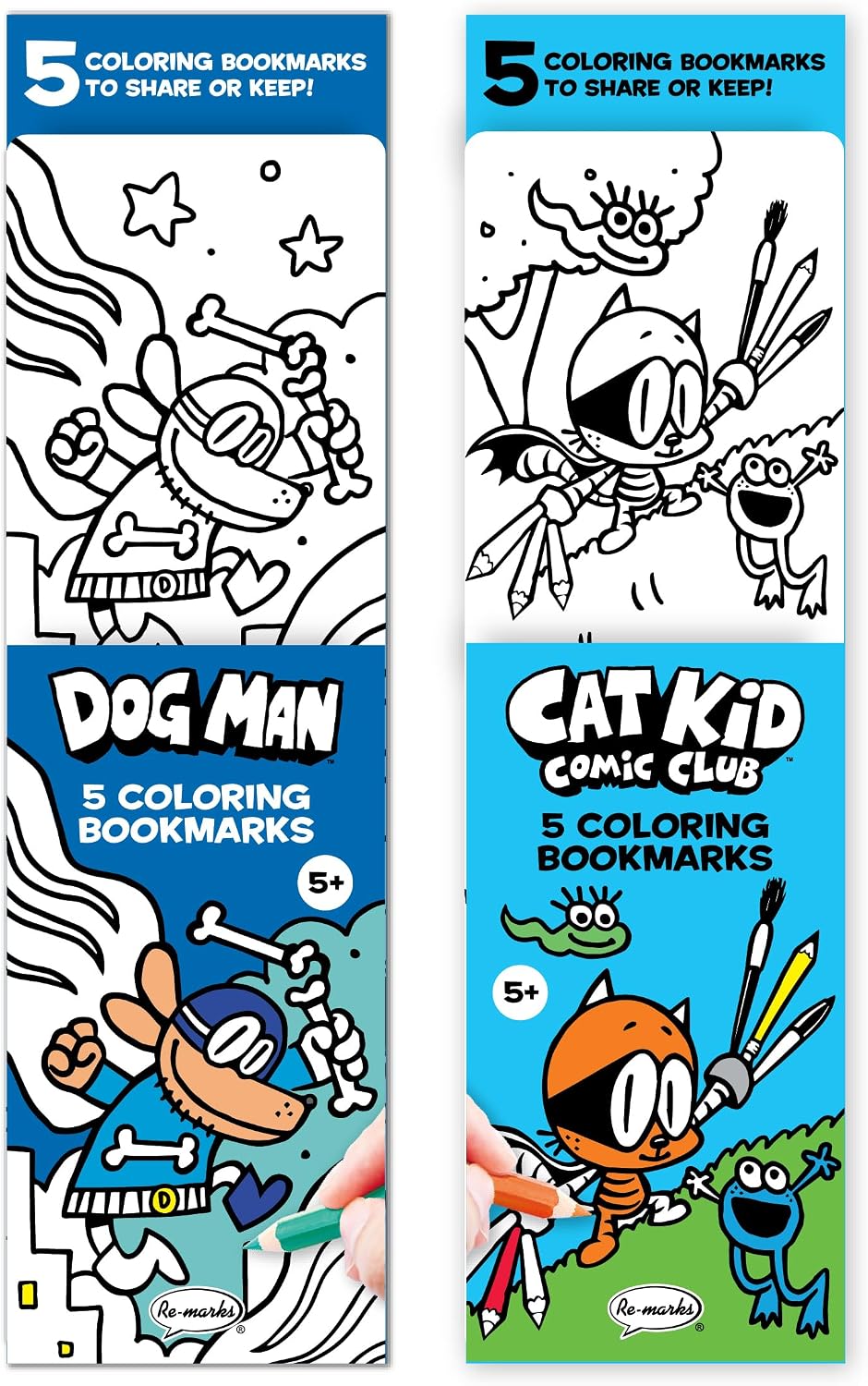 Re-Marks Dog Man and Cat Kid Colormarks Collection - 2 Sets of 5 Coloring Bookmarks