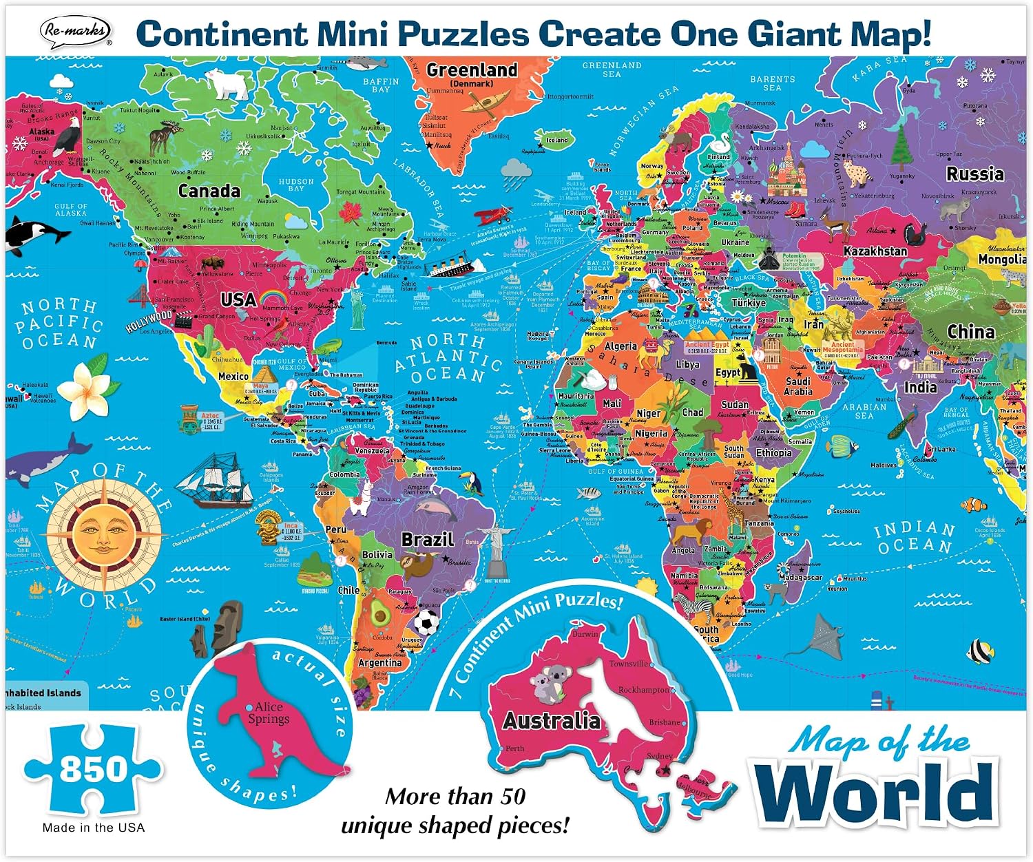 Re-marks Map of the World Deluxe Jigsaw Puzzle with Whimsy Pieces